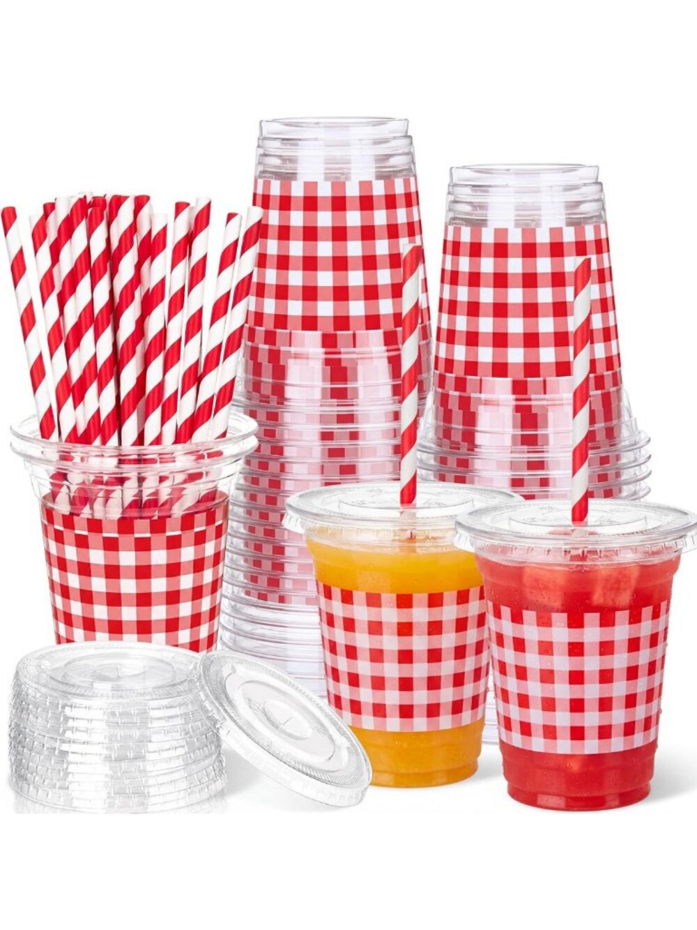 25 Sets Red & White Gingham Disposable Cups with Lids & Straws - 12oz Party